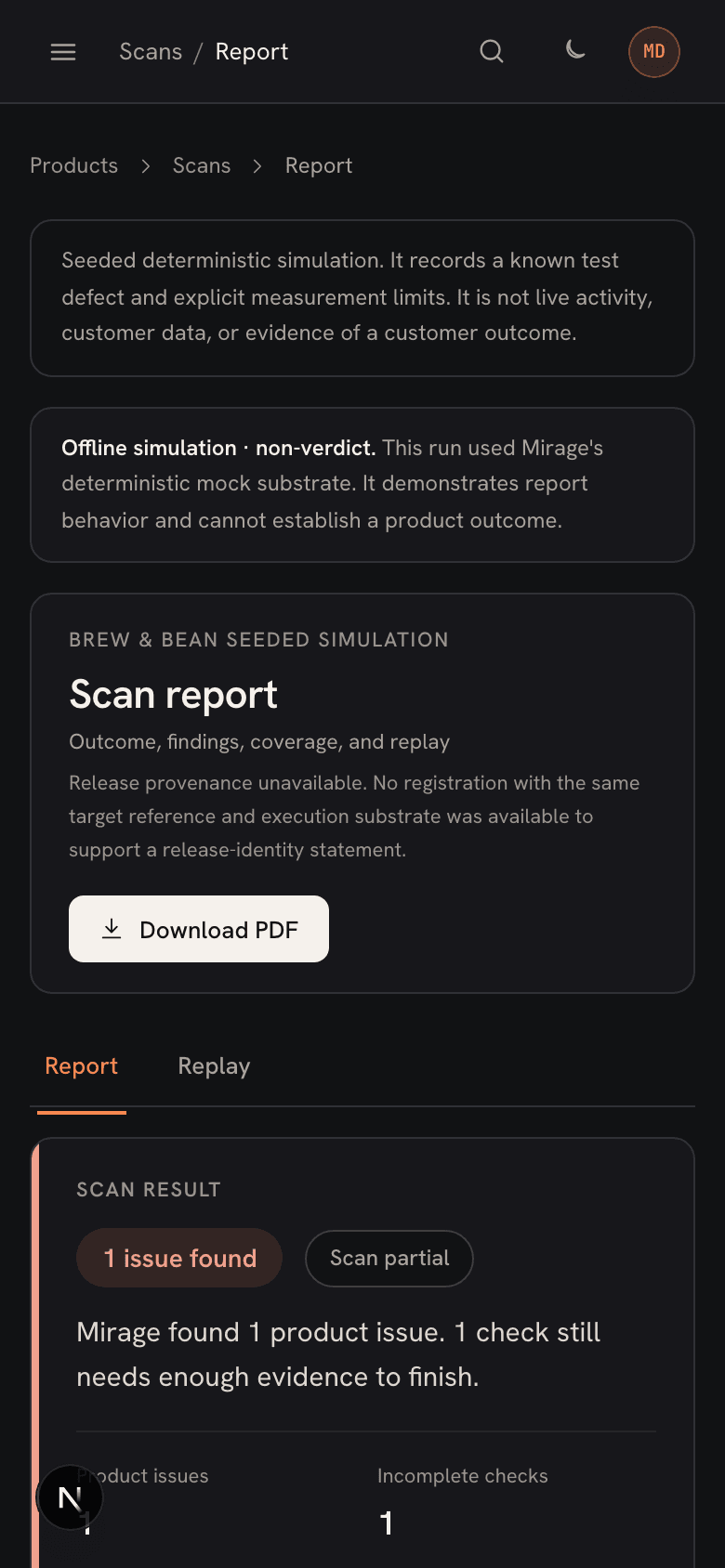 Mirage report showing a layout problem with linked screenshots and checks