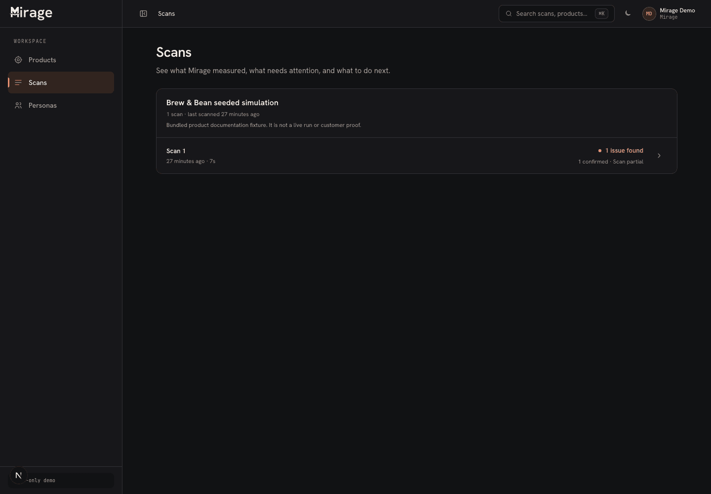 Mirage run view showing the tested product and saved result